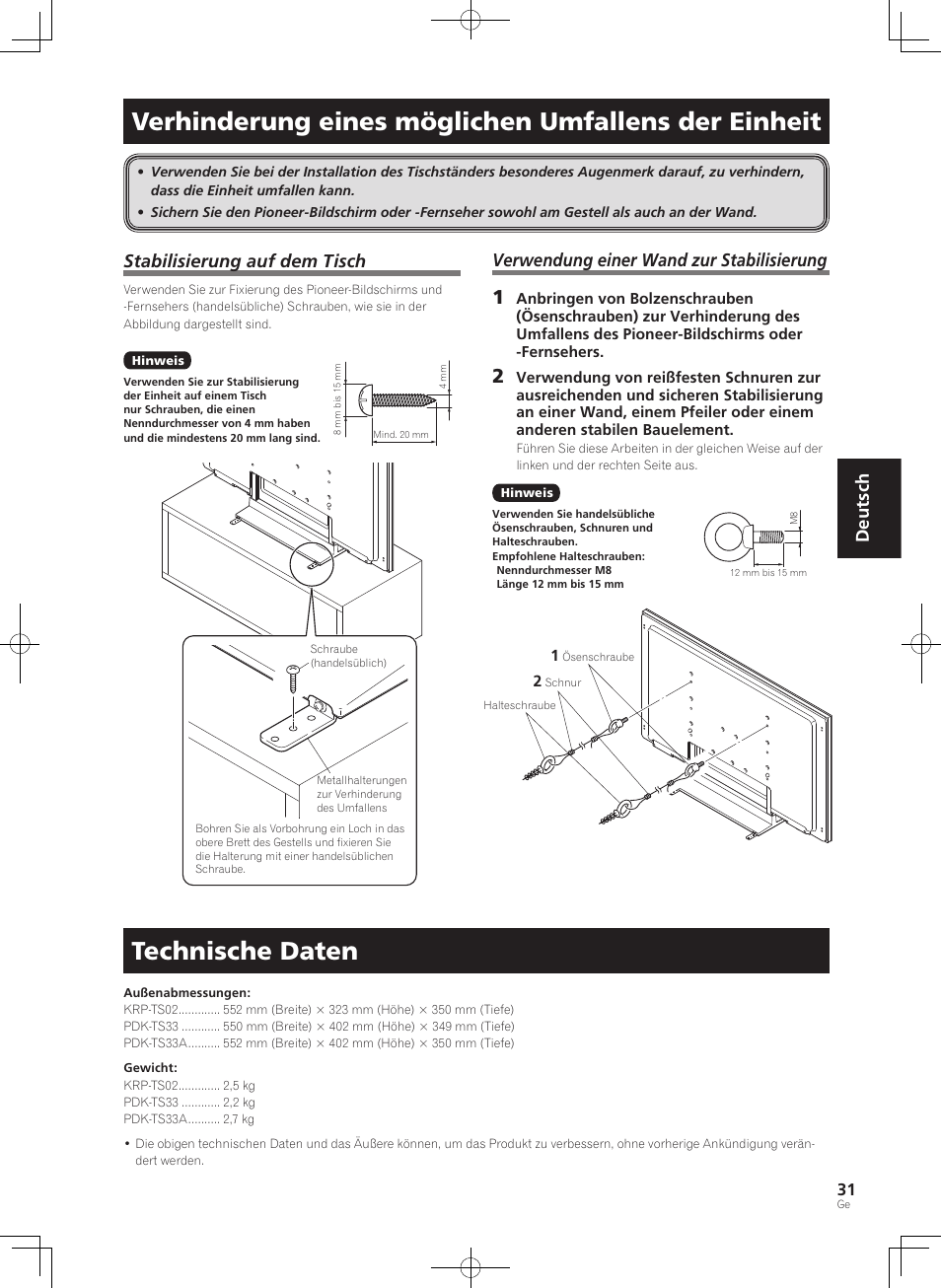 Verhinderung eines möglichen umfallens der einheit, Technische daten, Deutsch | Stabilisierung auf dem tisch, Verwendung einer wand zur stabilisierung | Pioneer KURO PDK-TS33 User Manual | Page 31 / 73