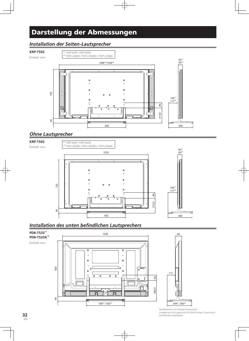 Darstellung der abmessungen, Installation der seiten-lautsprecher, Ohne lautsprecher | Installation des unten befindlichen lautsprechers | Pioneer KURO PDK-TS33 User Manual | Page 32 / 73