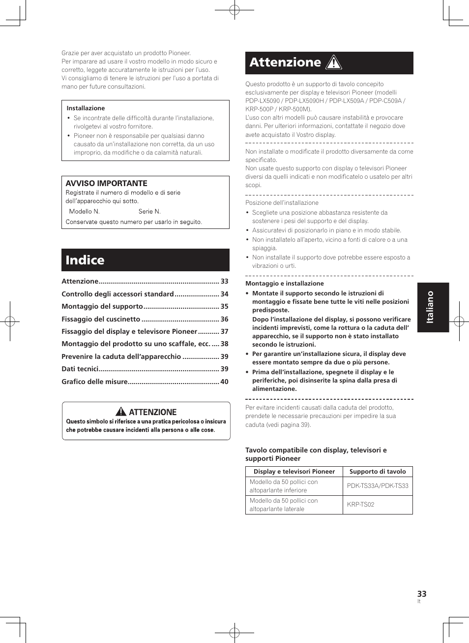 Indice, Attenzione, Italiano | Pioneer KURO PDK-TS33 User Manual | Page 33 / 73