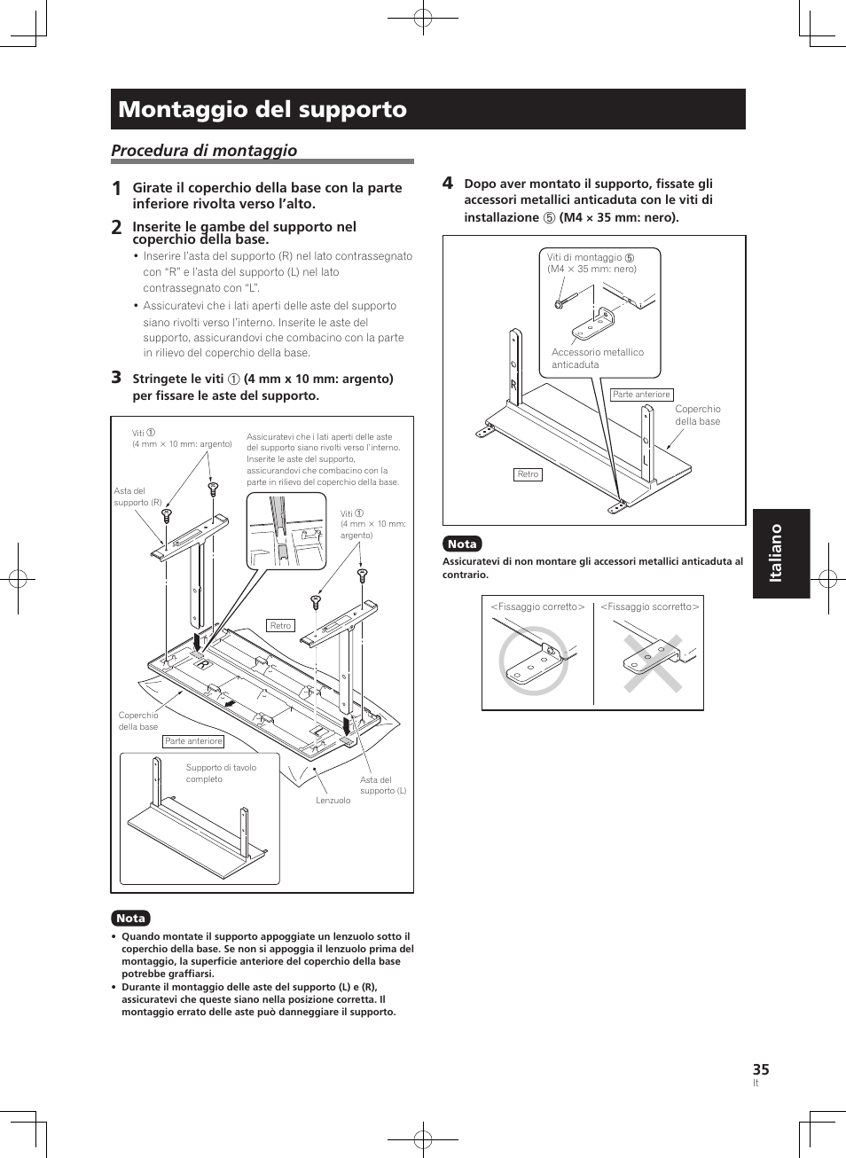 Montaggio del supporto, Italiano, Procedura di montaggio | Pioneer KURO PDK-TS33 User Manual | Page 35 / 73