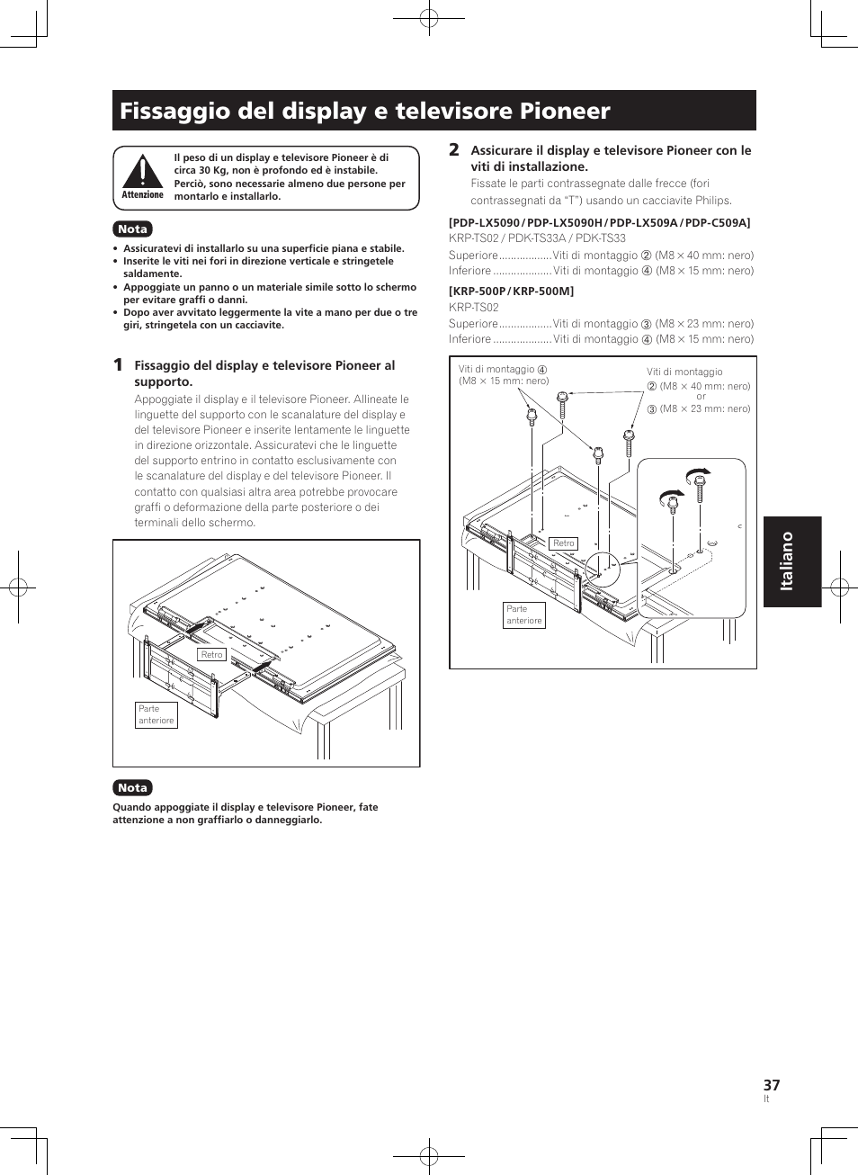 Fissaggio del display e televisore pioneer, Italiano | Pioneer KURO PDK-TS33 User Manual | Page 37 / 73
