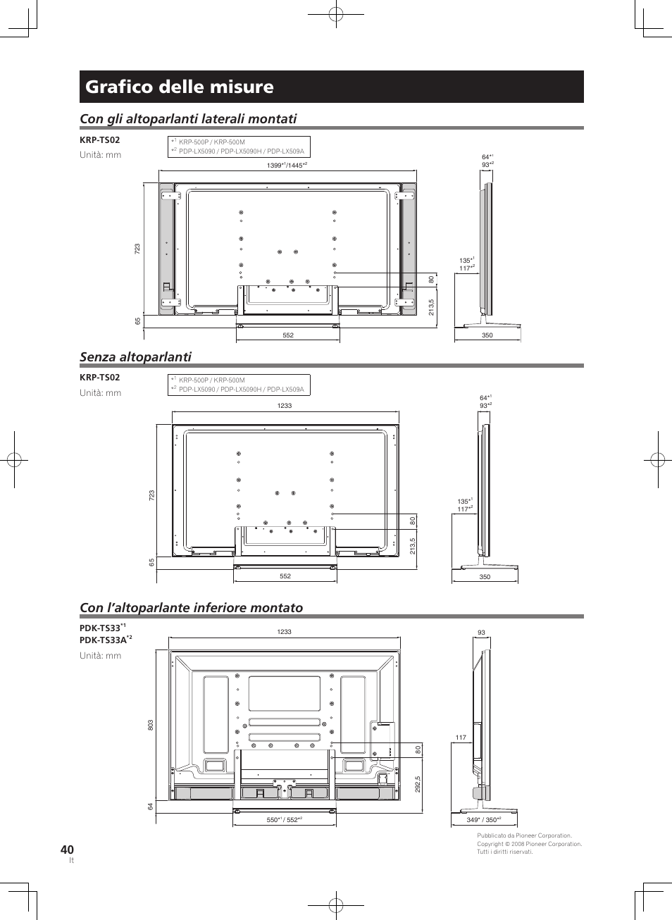 Graﬁco delle misure, Con gli altoparlanti laterali montati, Senza altoparlanti | Con l’altoparlante inferiore montato | Pioneer KURO PDK-TS33 User Manual | Page 40 / 73