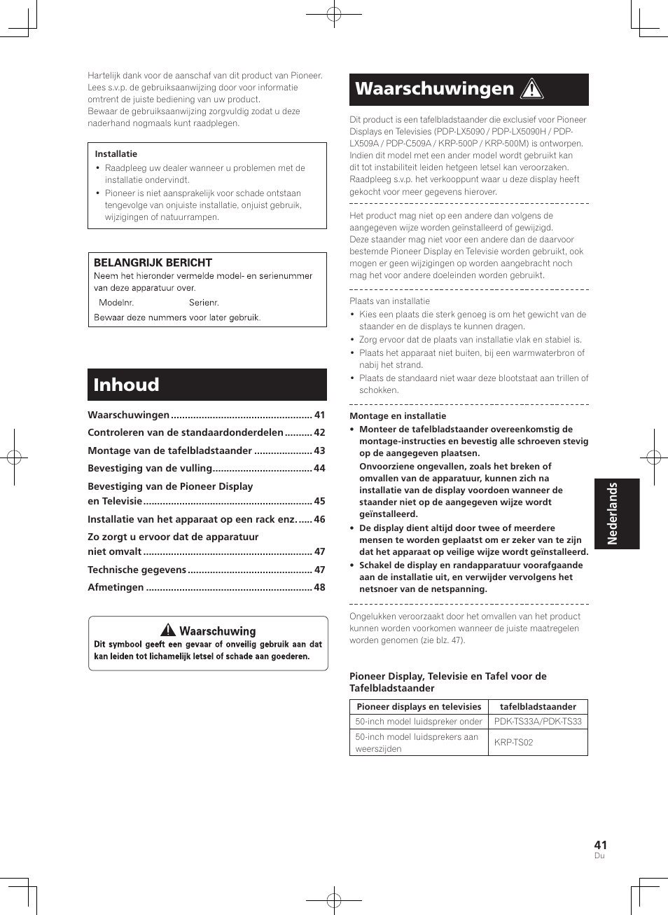 Inhoud, Waarschuwingen, Nederlands | Pioneer KURO PDK-TS33 User Manual | Page 41 / 73