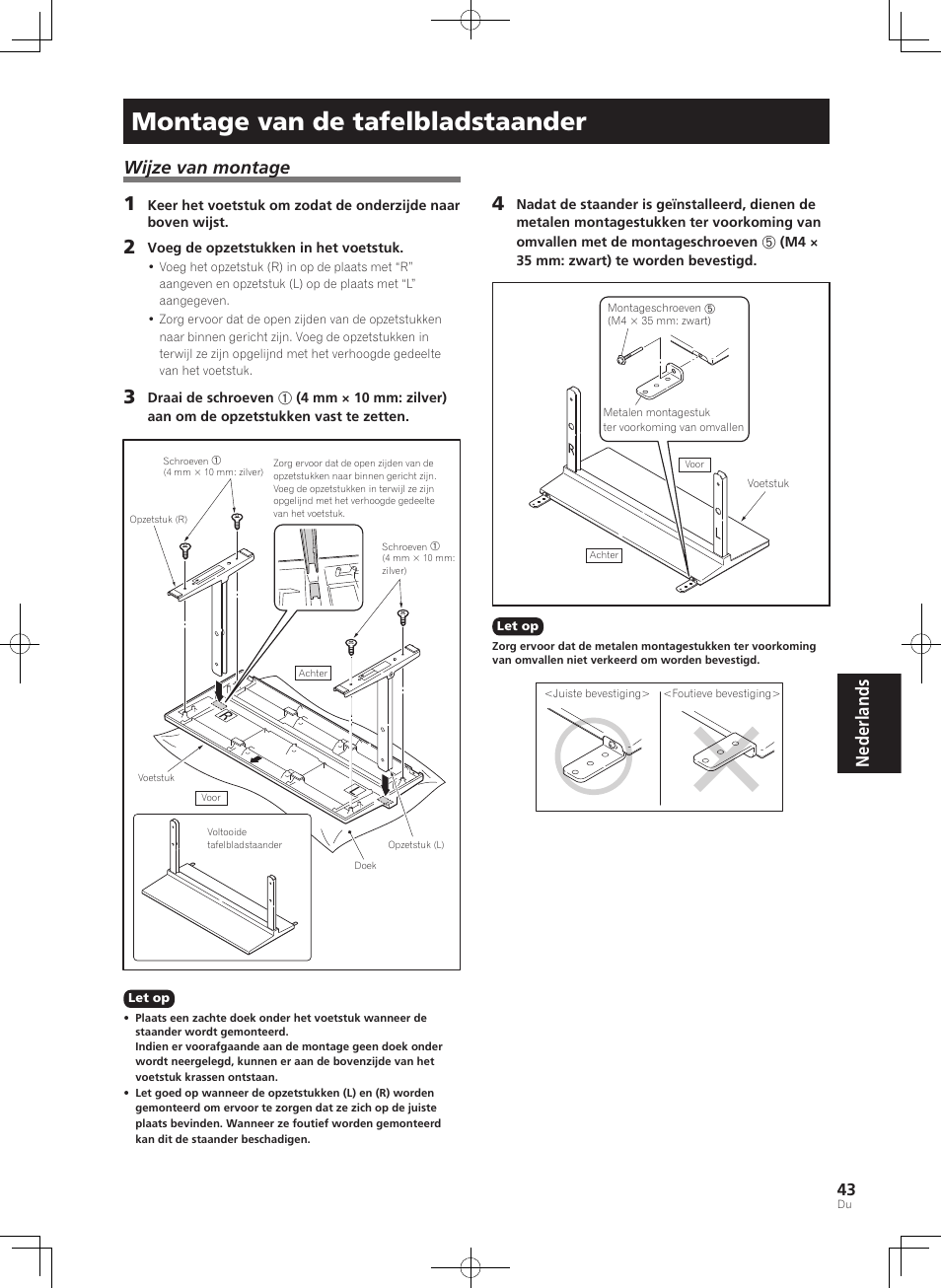 Montage van de tafelbladstaander, Nederlands, Wijze van montage | Pioneer KURO PDK-TS33 User Manual | Page 43 / 73