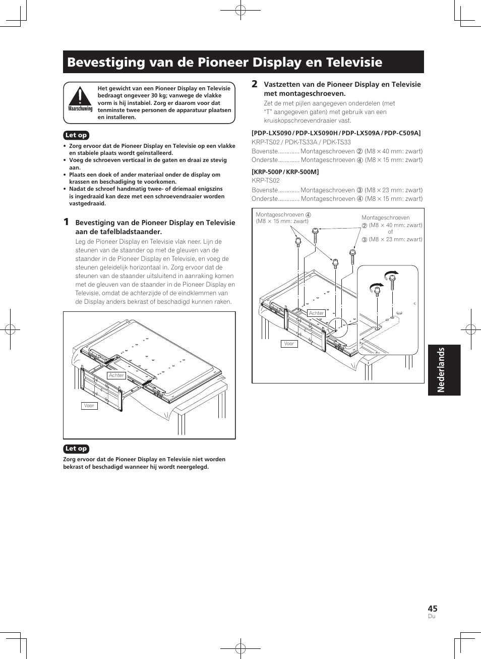 Bevestiging van de pioneer display en televisie, Nederlands | Pioneer KURO PDK-TS33 User Manual | Page 45 / 73