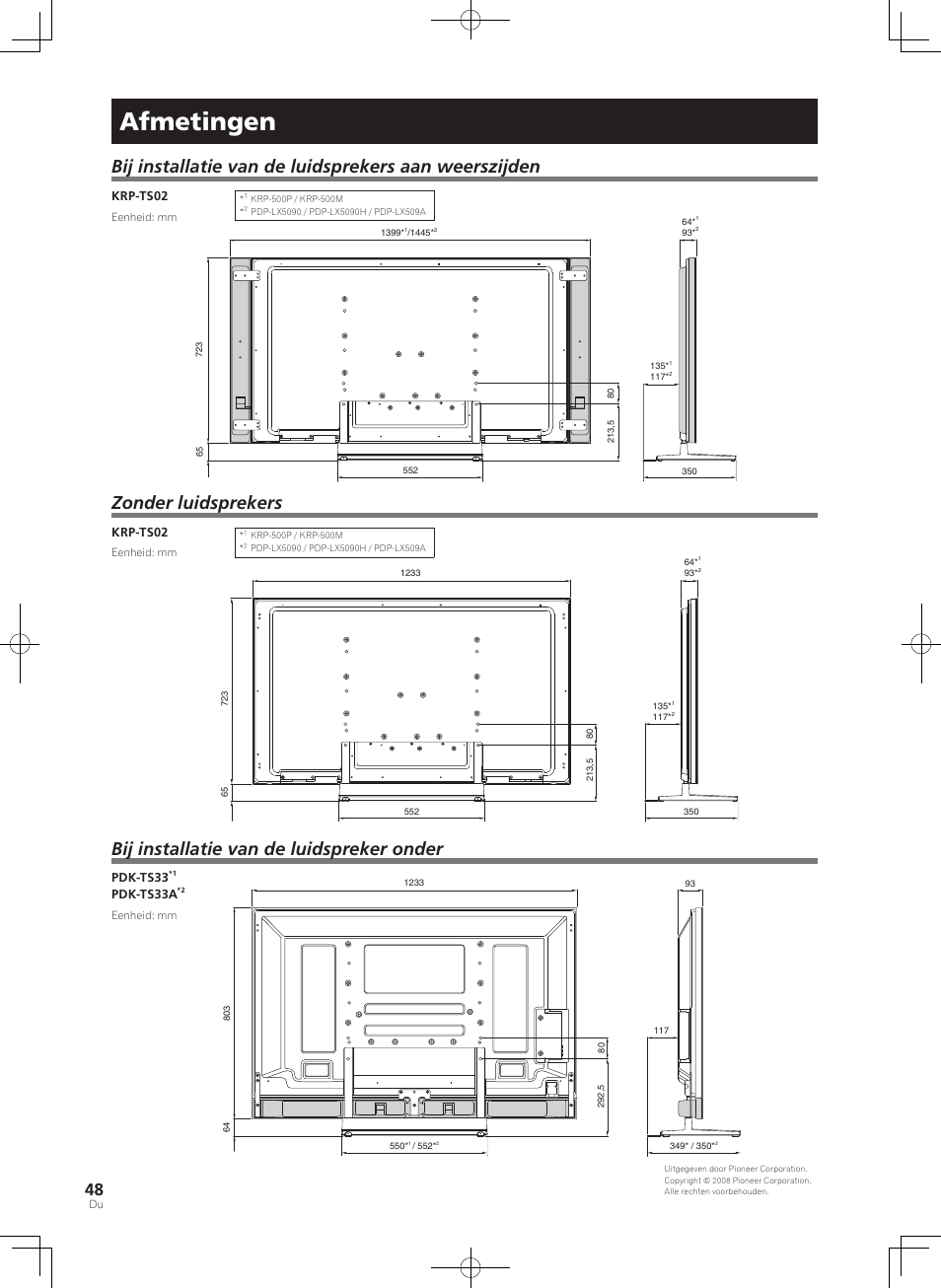 Afmetingen, Zonder luidsprekers, Bij installatie van de luidspreker onder | Pioneer KURO PDK-TS33 User Manual | Page 48 / 73