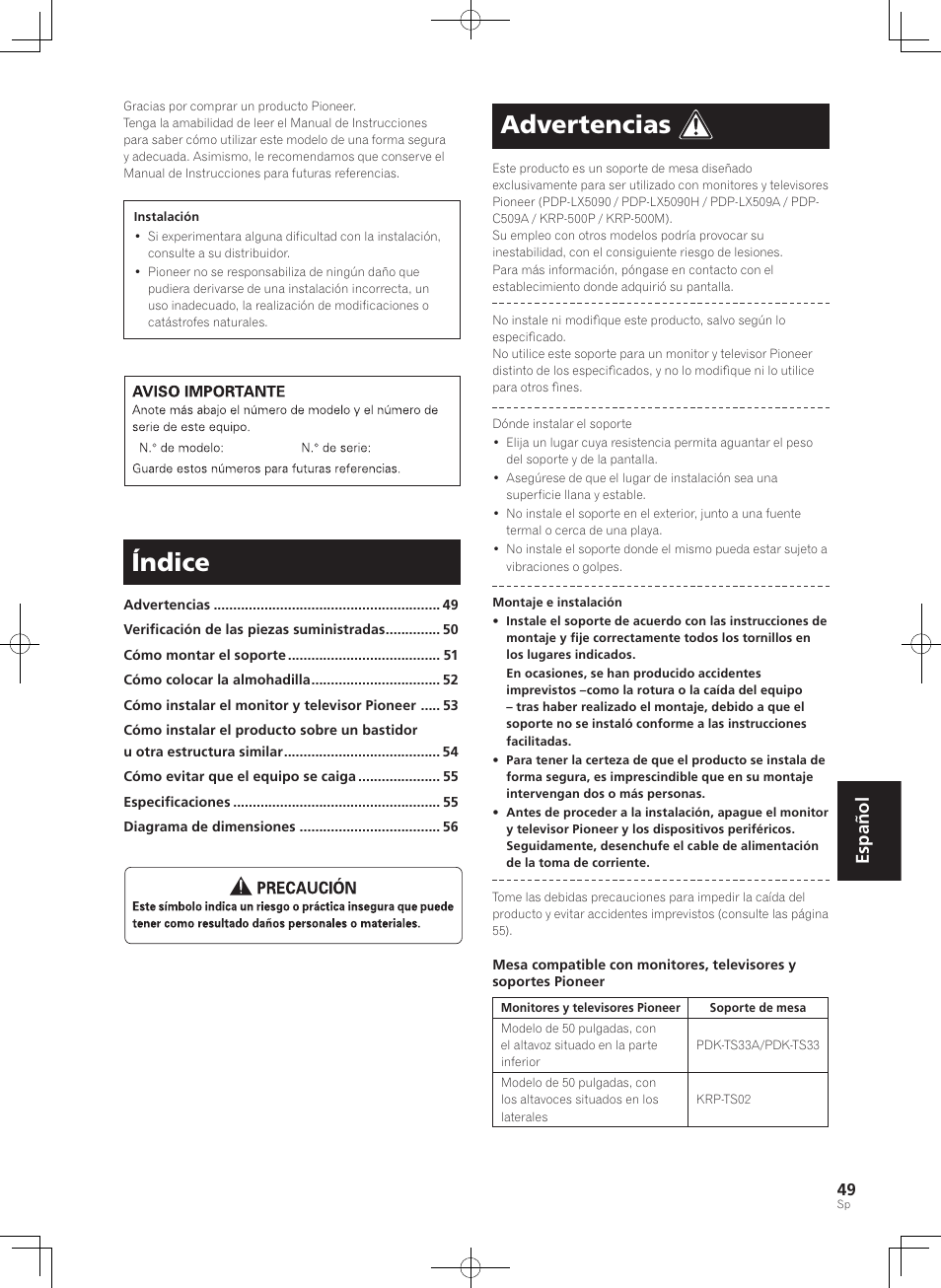 Índice, Advertencias, Español | Pioneer KURO PDK-TS33 User Manual | Page 49 / 73