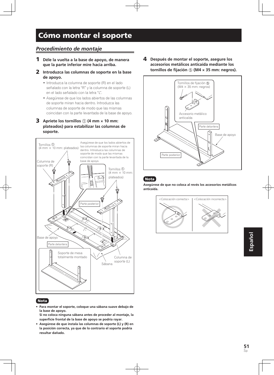Cómo montar el soporte, Español, Procedimiento de montaje | Pioneer KURO PDK-TS33 User Manual | Page 51 / 73