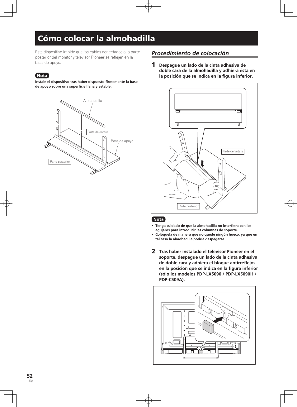 Cómo colocar la almohadilla, Procedimiento de colocación | Pioneer KURO PDK-TS33 User Manual | Page 52 / 73