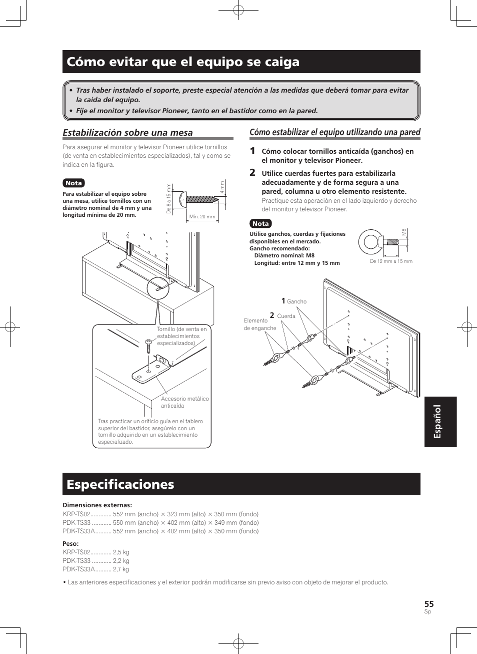 Cómo evitar que el equipo se caiga, Especiﬁcaciones, Español | Estabilización sobre una mesa, Cómo estabilizar el equipo utilizando una pared | Pioneer KURO PDK-TS33 User Manual | Page 55 / 73