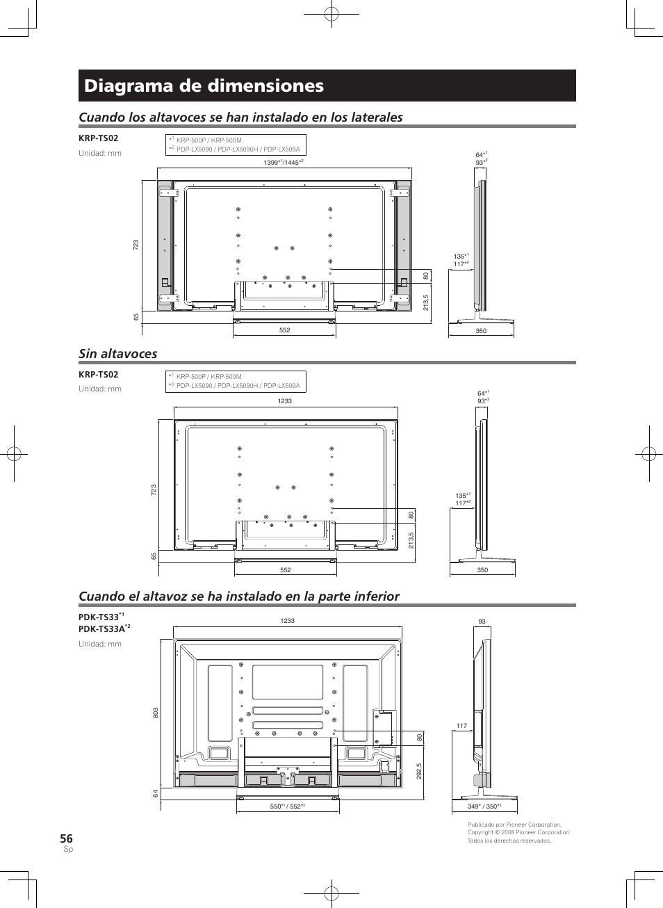 Diagrama de dimensiones, Sin altavoces | Pioneer KURO PDK-TS33 User Manual | Page 56 / 73