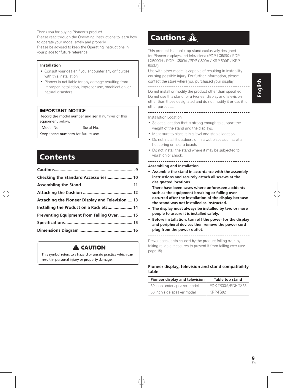 Pioneer KURO PDK-TS33 User Manual | Page 9 / 73