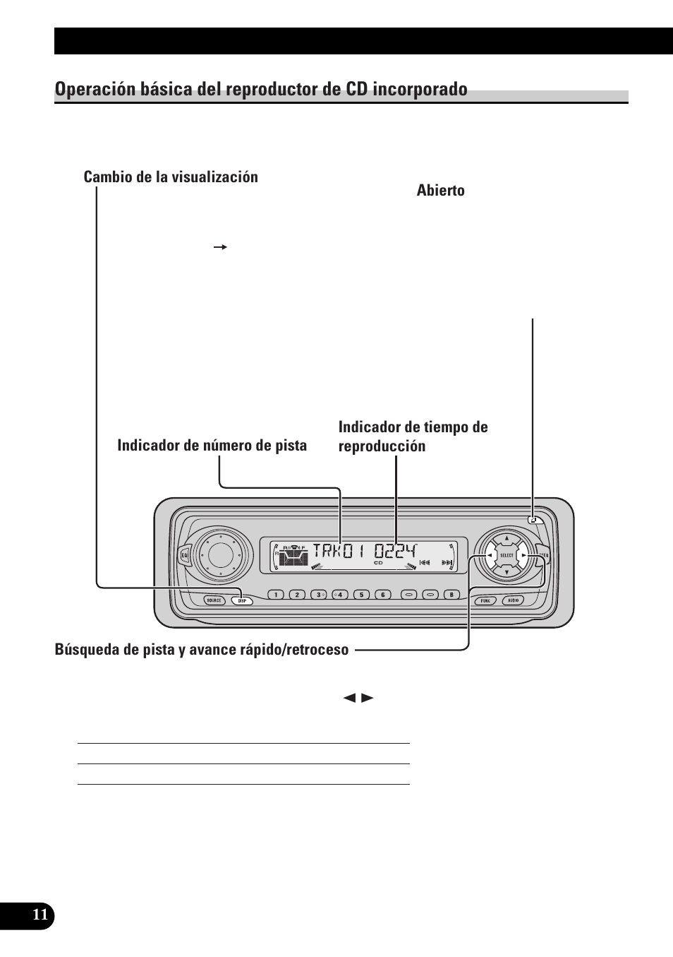 Operación básica del reproductor de, Cd incorporado, Cambio de la visualización | Abierto, Búsqueda de pista y avance rápido/retroceso, Ranura de carga de cd, Expulsión, Operación básica, Operación básica del reproductor de cd incorporado | Pioneer DEH-P33 User Manual | Page 100 / 136