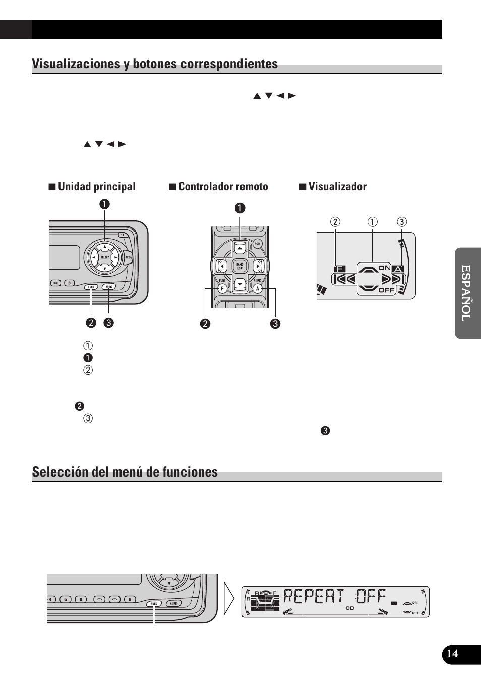 Visualizaciones y botones correspondientes, Selección del menú de funciones | Pioneer DEH-P33 User Manual | Page 103 / 136