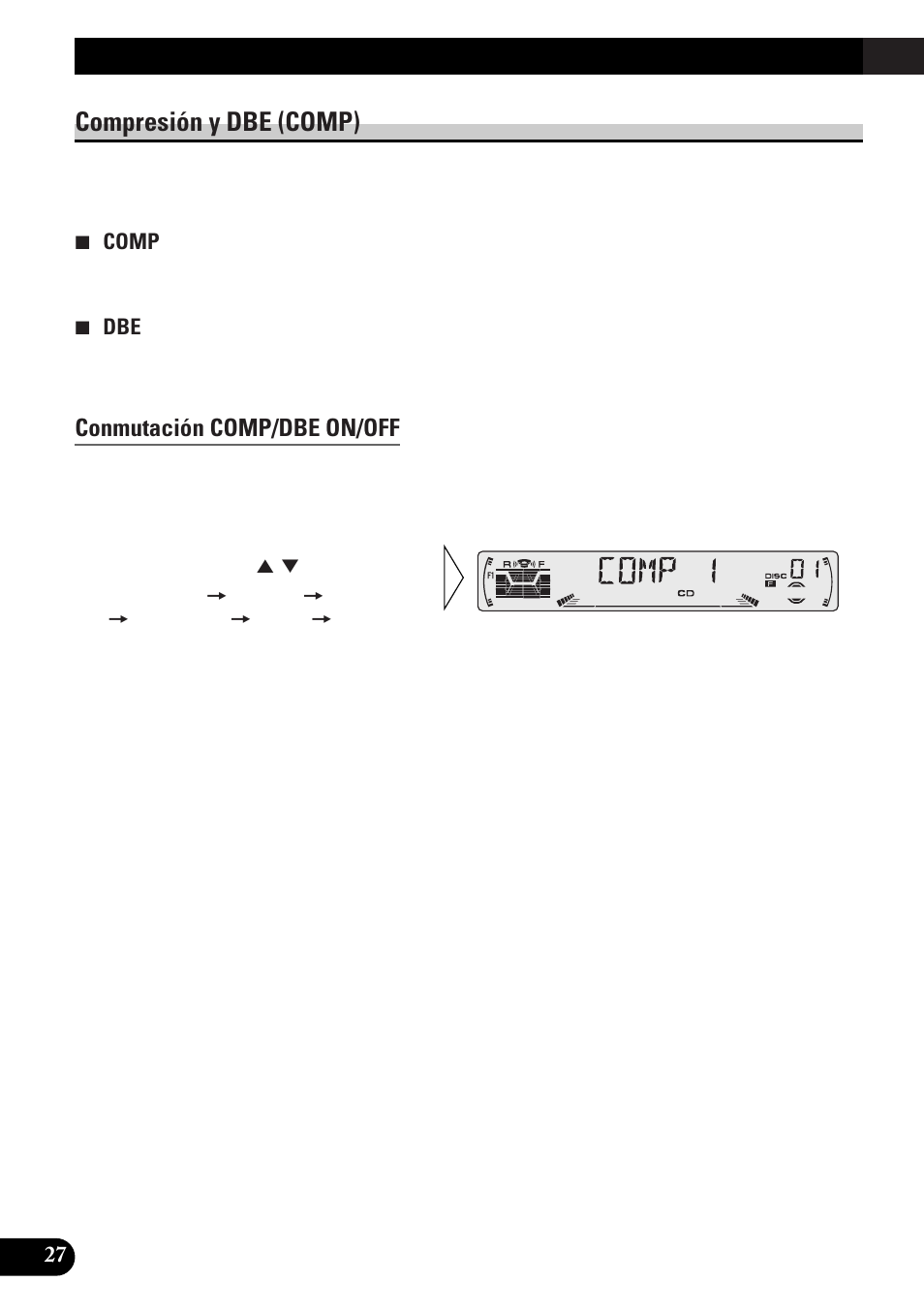 Compresión y dbe (comp), Conmutación comp/dbe on/off, Función cd text (para el tipo | Compatible con cd text), Cambio de visualización del título, Desplazamiento de la visualización del título, Uso de reproductores de multi-cd | Pioneer DEH-P33 User Manual | Page 116 / 136