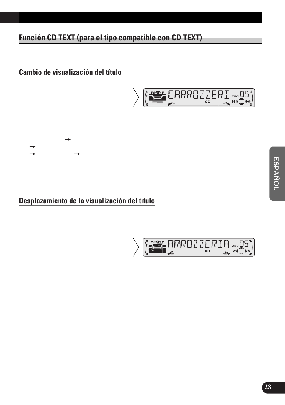 Cambio de visualización del título, Desplazamiento de la visualización del título | Pioneer DEH-P33 User Manual | Page 117 / 136