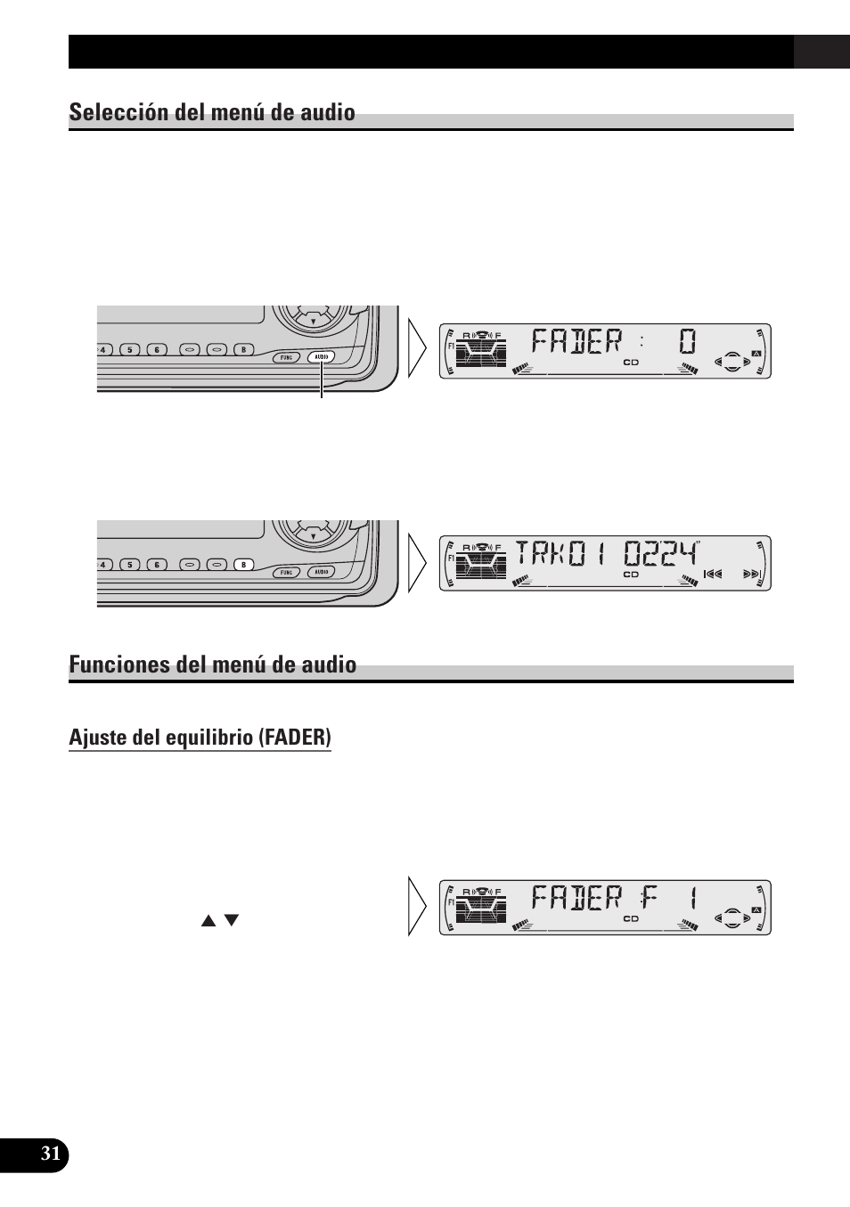 Ajuste del equilibrio (fader), Ajuste fino de la curva del ecualizador, Ajuste de los graves (bass) | Ajuste de los agudos (tre), Ajuste de sonoridad (loud), Salida de altavoz de graves secundario (sub.w), Ajuste del nivel de la fuente (sla), Ajuste de audio, Selección del menú de audio, Funciones del menú de audio | Pioneer DEH-P33 User Manual | Page 120 / 136
