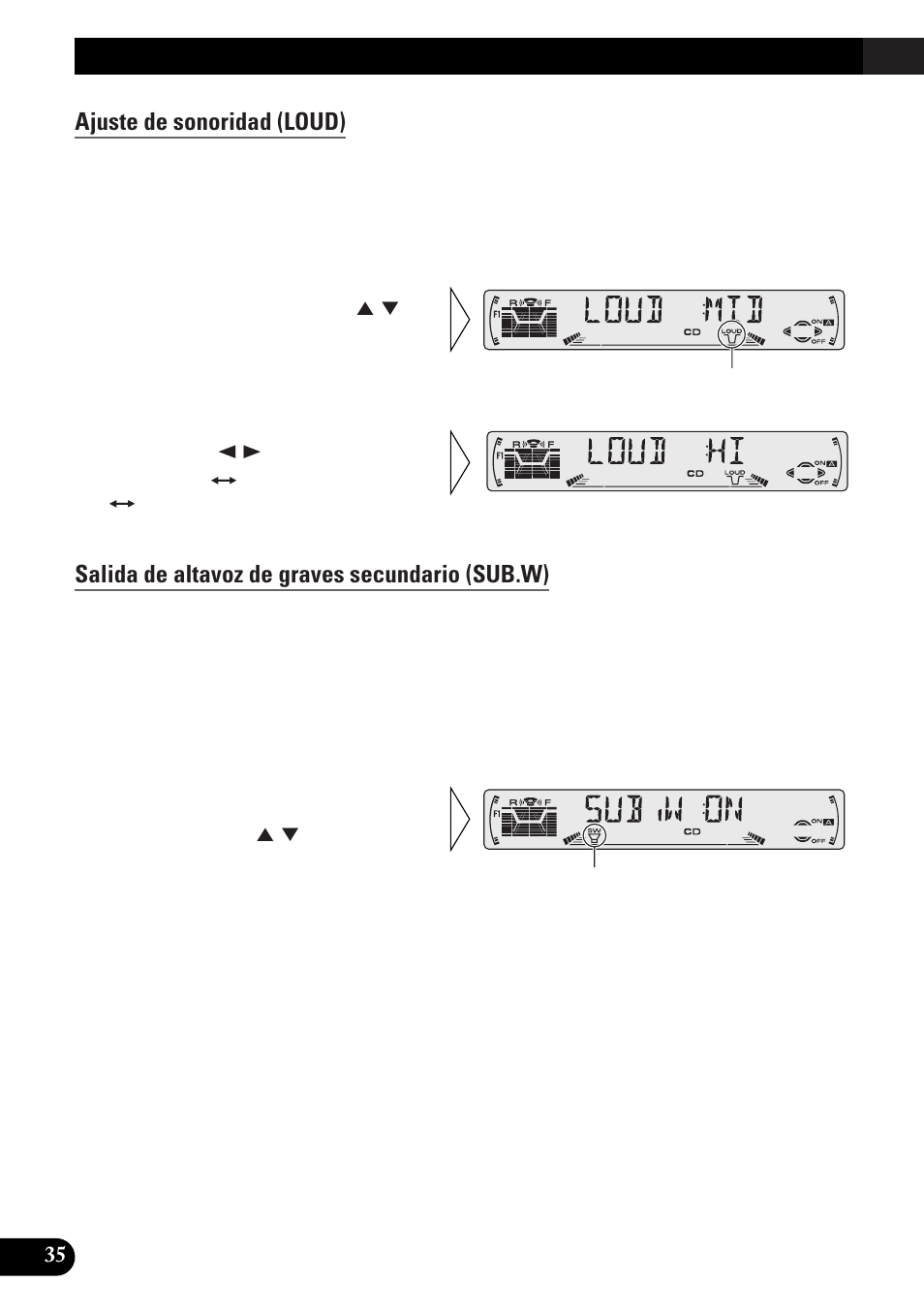 Ajuste de audio, Ajuste de sonoridad (loud), Salida de altavoz de graves secundario (sub.w) | Pioneer DEH-P33 User Manual | Page 124 / 136