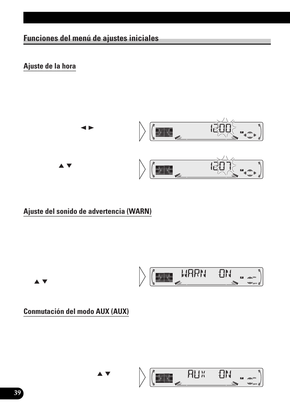 Funciones del menú de ajustes iniciales, Ajuste de la hora, Ajuste del sonido de advertencia (warn) | Conmutación del modo aux (aux), Ajuste del reductor de luz (dimmer), Ajuste de la salida trasera (frt+rear), Ajustes iniciales | Pioneer DEH-P33 User Manual | Page 128 / 136