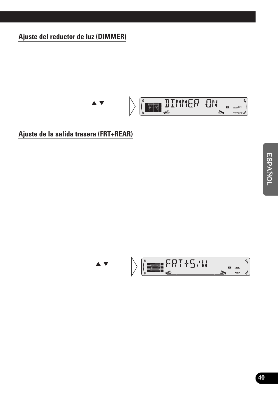 A title (english), Ajuste del reductor de luz (dimmer), Ajuste de la salida trasera (frt+rear) | Pioneer DEH-P33 User Manual | Page 129 / 136