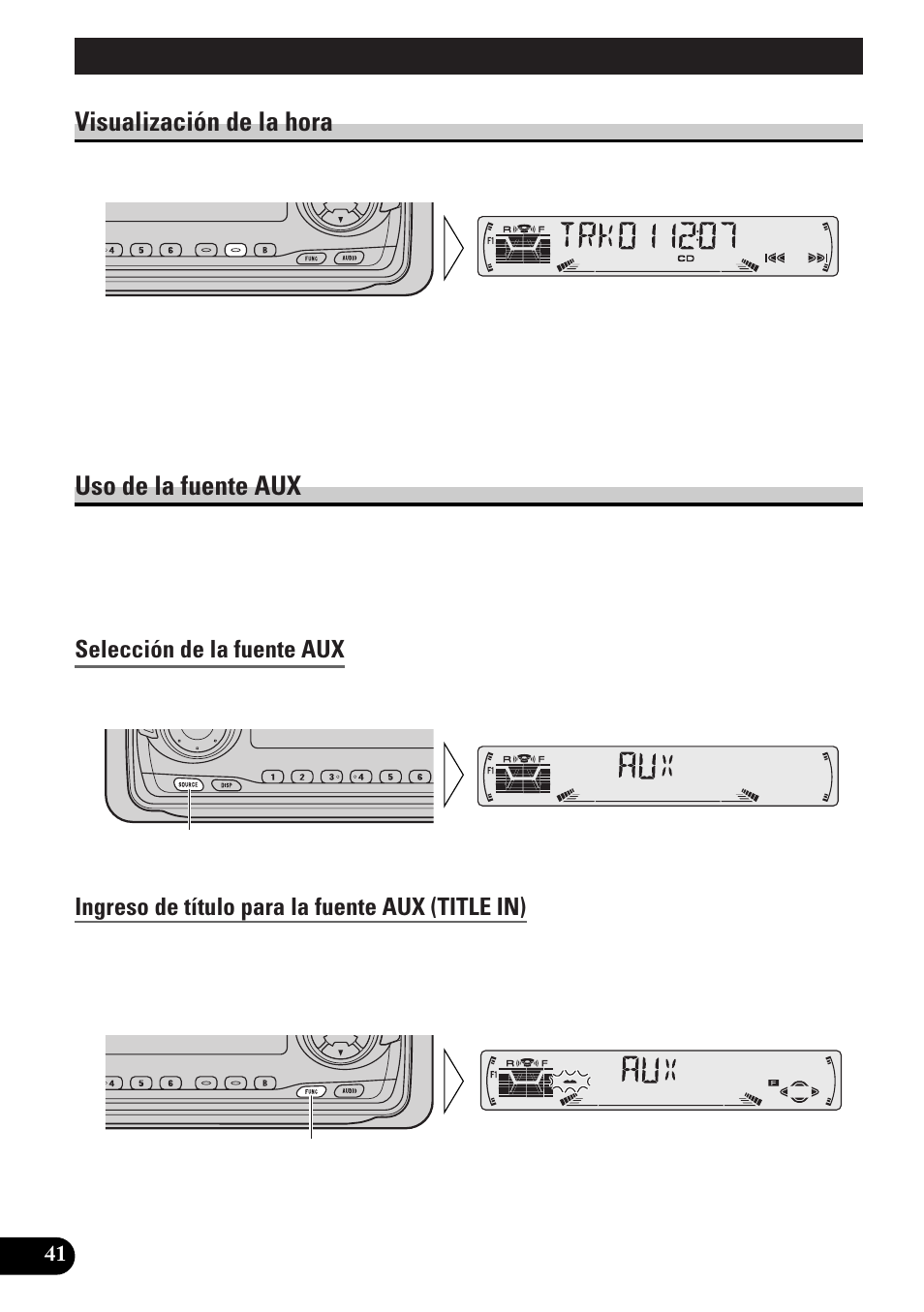 Otras funciones, Visualización de la hora uso de la fuente aux, Selección de la fuente aux | Ingreso de título para la fuente aux (title in), Reproductor de cd y cuidado, Precaución, A title (english), Visualización de la hora, Uso de la fuente aux | Pioneer DEH-P33 User Manual | Page 130 / 136