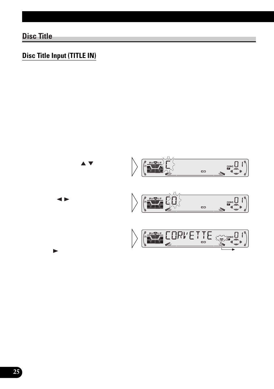 Disc title, Disc title input (title in), Selecting discs by disc title list (title list) | Displaying disc title, Using multi-cd players | Pioneer DEH-P33 User Manual | Page 26 / 136