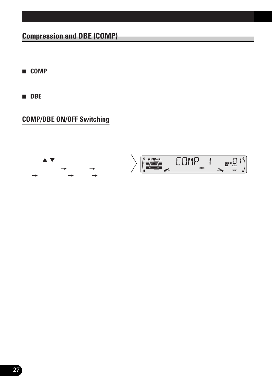 Compression and dbe (comp), Comp/dbe on/off switching, Cd text function (for cd text | Compatible type), Title display switching, Title scroll, Using multi-cd players | Pioneer DEH-P33 User Manual | Page 28 / 136