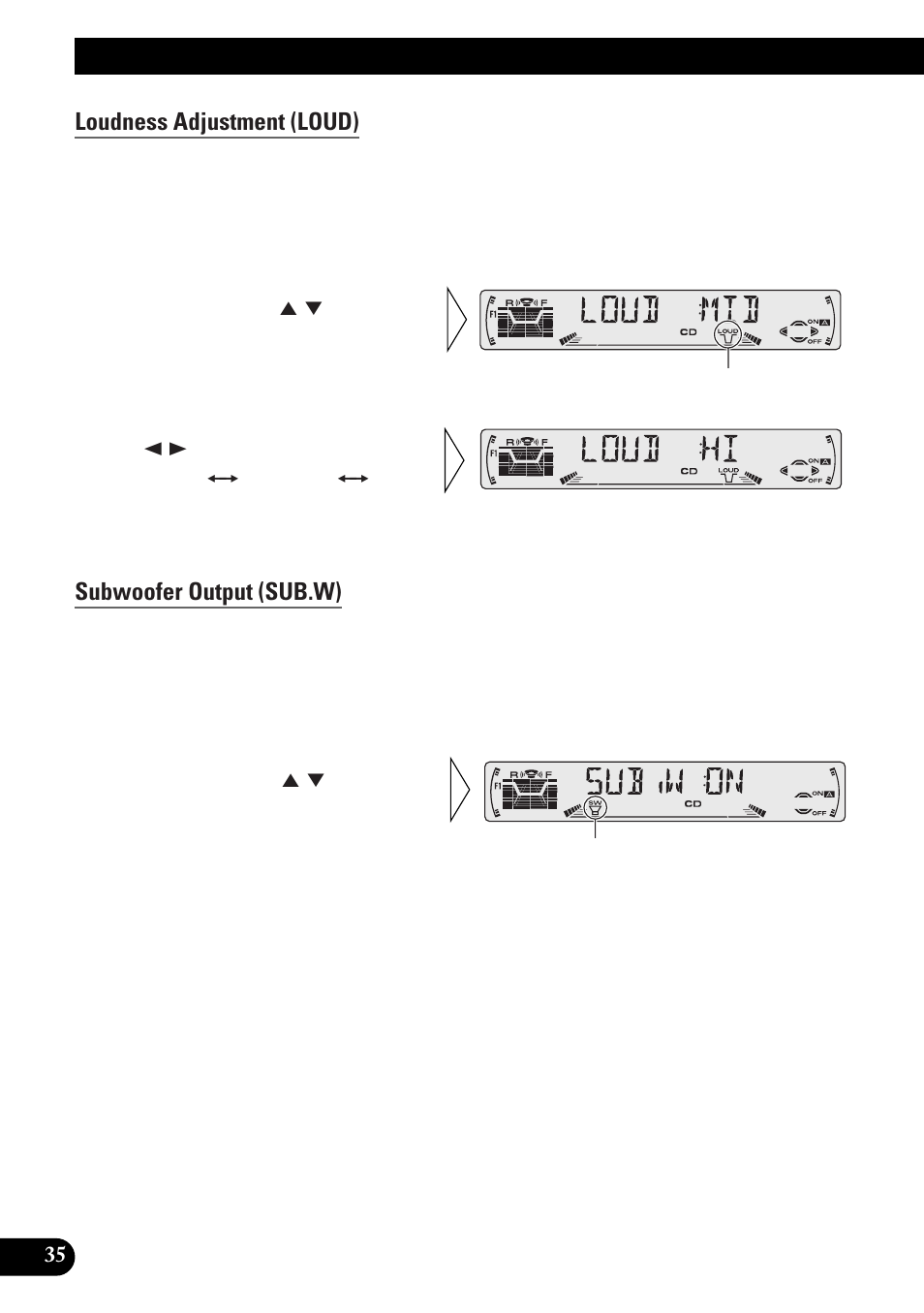 Audio adjustment, Loudness adjustment (loud), Subwoofer output (sub.w) | Pioneer DEH-P33 User Manual | Page 36 / 136