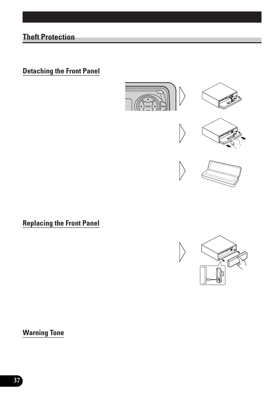 Detaching and replacing the, Front panel, Theft protection | Detaching the front panel, Replacing the front panel, Warning tone, Initial setting, Entering the initial setting menu | Pioneer DEH-P33 User Manual | Page 38 / 136