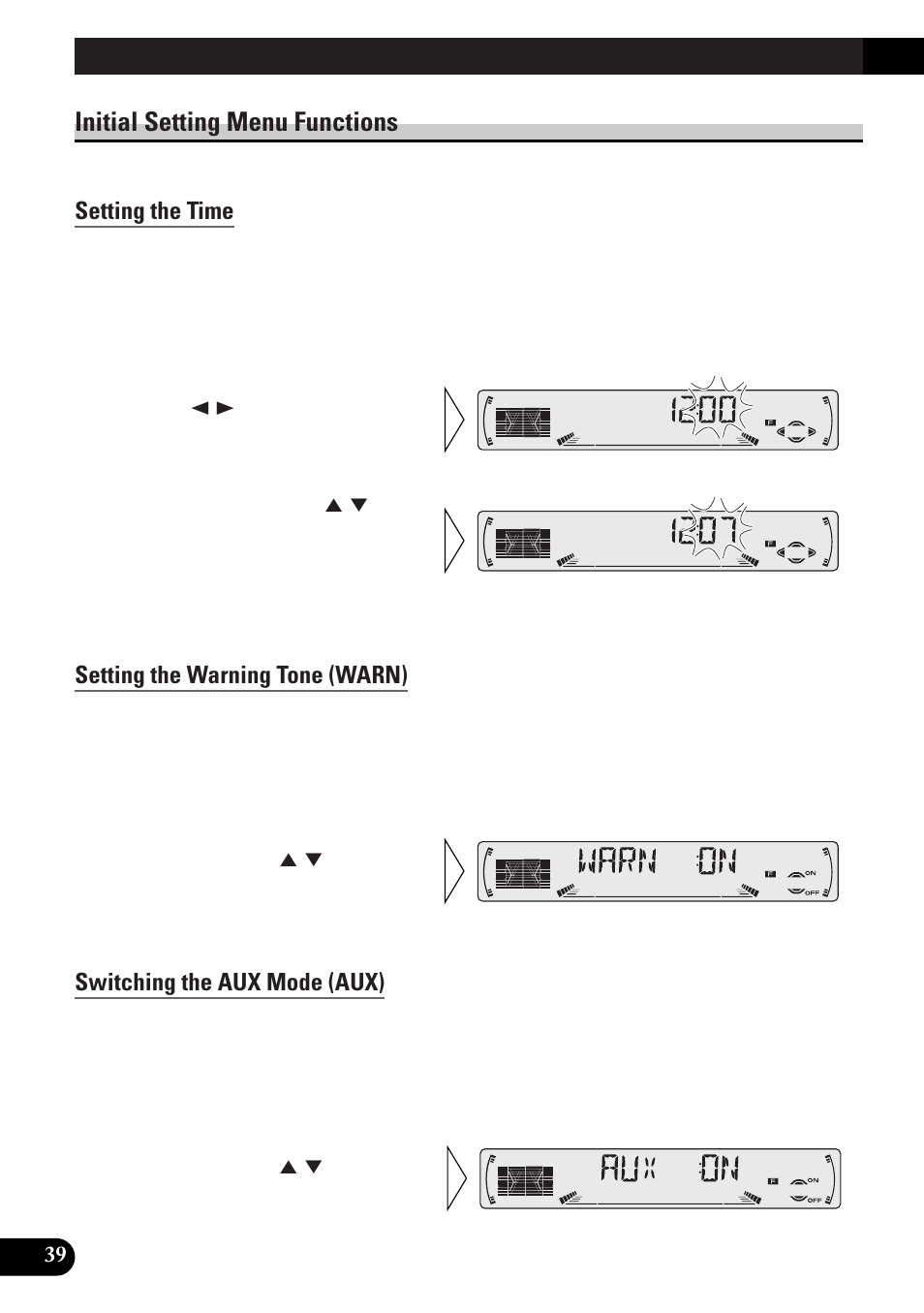 Initial setting menu functions, Setting the time, Setting the warning tone (warn) | Switching the aux mode (aux), Setting the dimmer (dimmer), Setting the rear output (frt+rear), A title (english), Initial setting | Pioneer DEH-P33 User Manual | Page 40 / 136