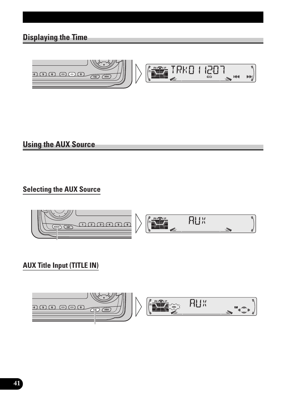 Other functions, Displaying the time using the aux source, Selecting the aux source | Aux title input (title in), Cd player and care, Precaution, Displaying the time, Using the aux source | Pioneer DEH-P33 User Manual | Page 42 / 136