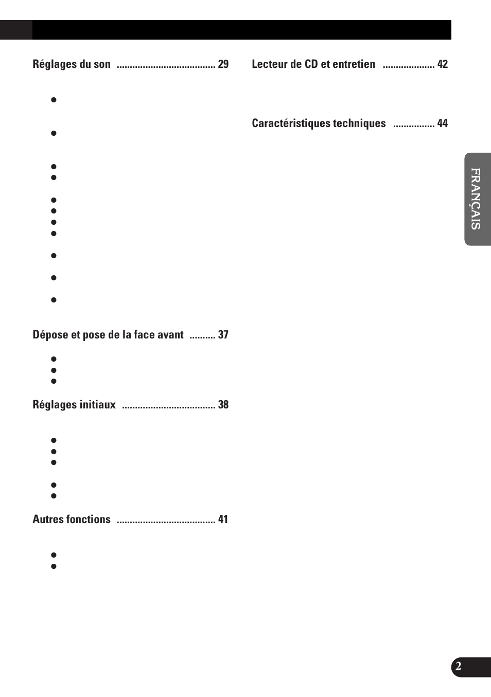 Réglages du son, Dépose et pose de la face avant, Réglages initiaux | Autres fonctions, Lecteur de cd et entretien | Pioneer DEH-P33 User Manual | Page 47 / 136