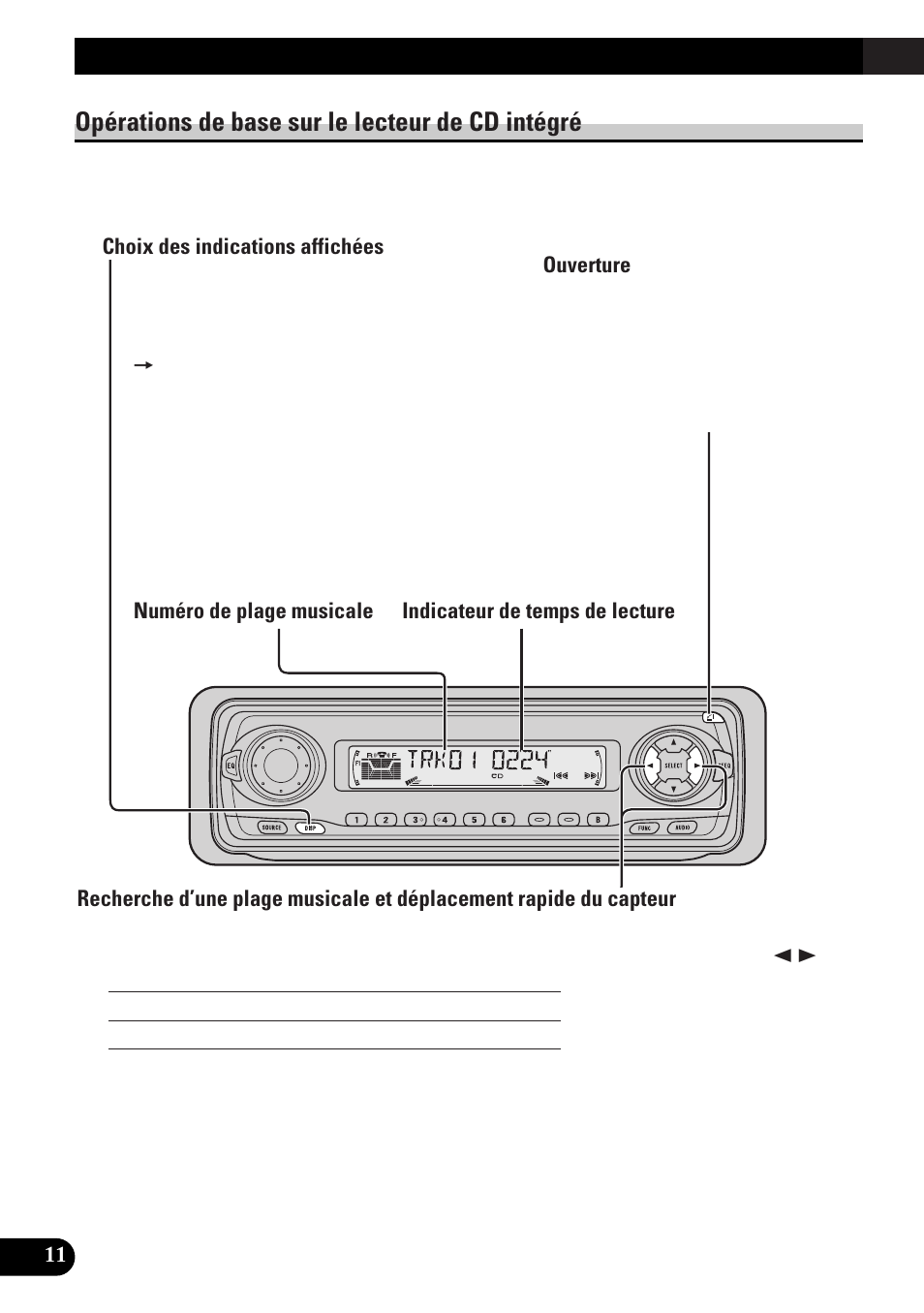 Opérations de base sur le lecteur de, Cd intégré, Choix des indications affichées | Ouverture, Fente pour le cd, Ejection, Opérations de base, Opérations de base sur le lecteur de cd intégré | Pioneer DEH-P33 User Manual | Page 56 / 136