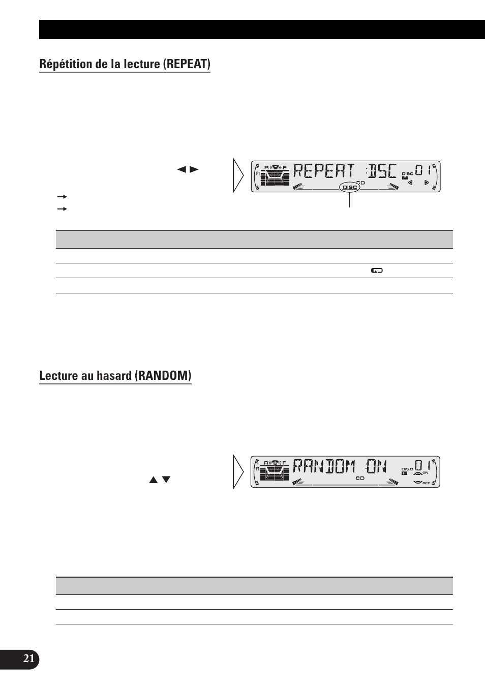 Utilisation des lecteurs de cd, À chargeur, Répétition de la lecture (repeat) | Lecture au hasard (random), Examen rapide des disques (scan), Pause (pause), Utilisation des lecteurs de cd à chargeur | Pioneer DEH-P33 User Manual | Page 66 / 136