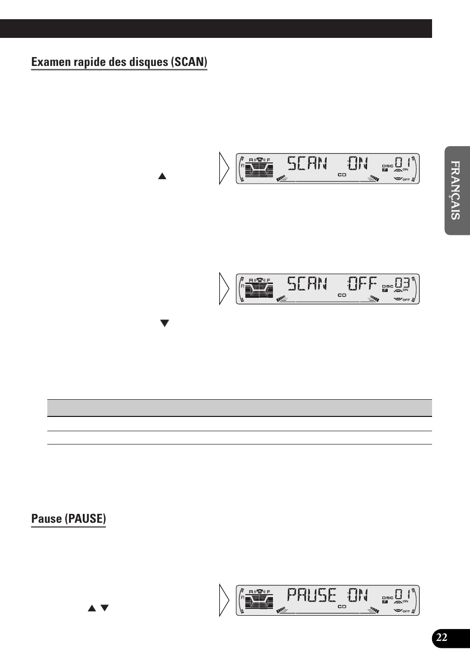 Examen rapide des disques (scan), Pause (pause) | Pioneer DEH-P33 User Manual | Page 67 / 136