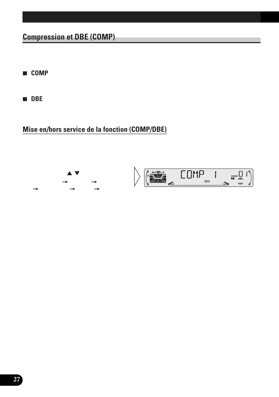 Compression et dbe (comp), Mise en/hors service de la fonction (comp/dbe), Fonction cd text (pour les disques | Compatibles cd text), Affichage, ou non, du titre, Défilement du titre, Utilisation des lecteurs de cd à chargeur | Pioneer DEH-P33 User Manual | Page 72 / 136