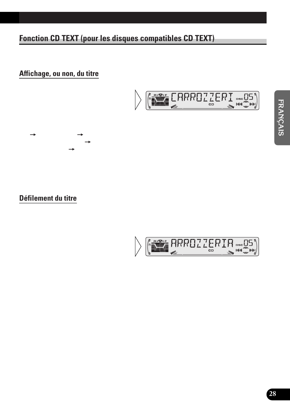 Affichage, ou non, du titre, Défilement du titre | Pioneer DEH-P33 User Manual | Page 73 / 136