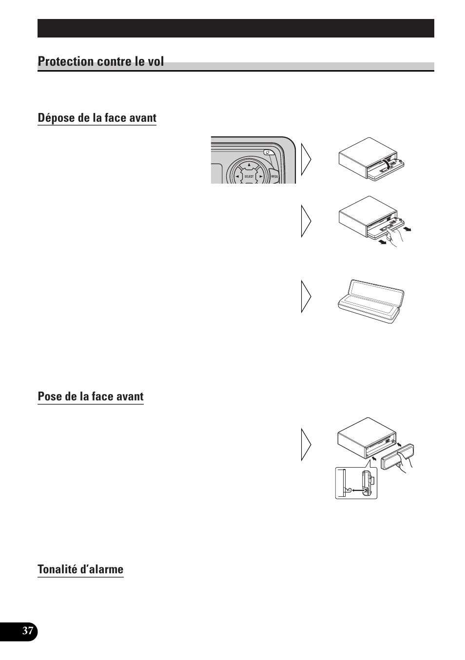 Dépose et pose de la face avant, Protection contre le vol, Dépose de la face avant | Pose de la face avant, Tonalité d’alarme, Réglages initiaux, Affichage du menu des réglages initiaux, A title (english) dépose et pose de la face avant | Pioneer DEH-P33 User Manual | Page 82 / 136