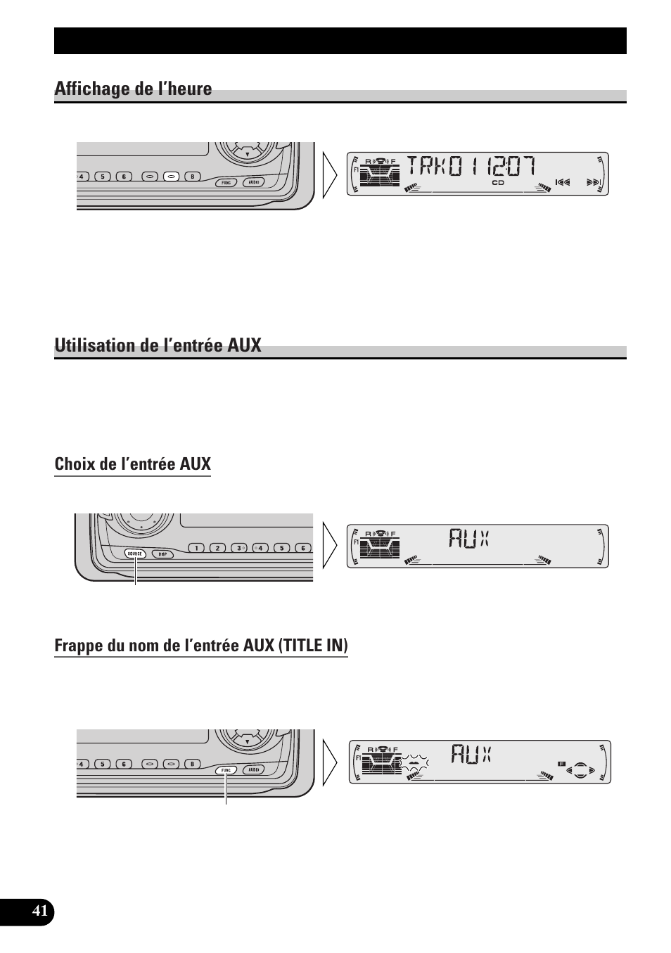 Autres fonctions, Affichage de l’heure utilisation de l’entrée aux, Choix de l’entrée aux | Frappe du nom de l’entrée aux (title in), Lecteur de cd et entretien, Précaution, Affichage de l’heure, Utilisation de l’entrée aux | Pioneer DEH-P33 User Manual | Page 86 / 136