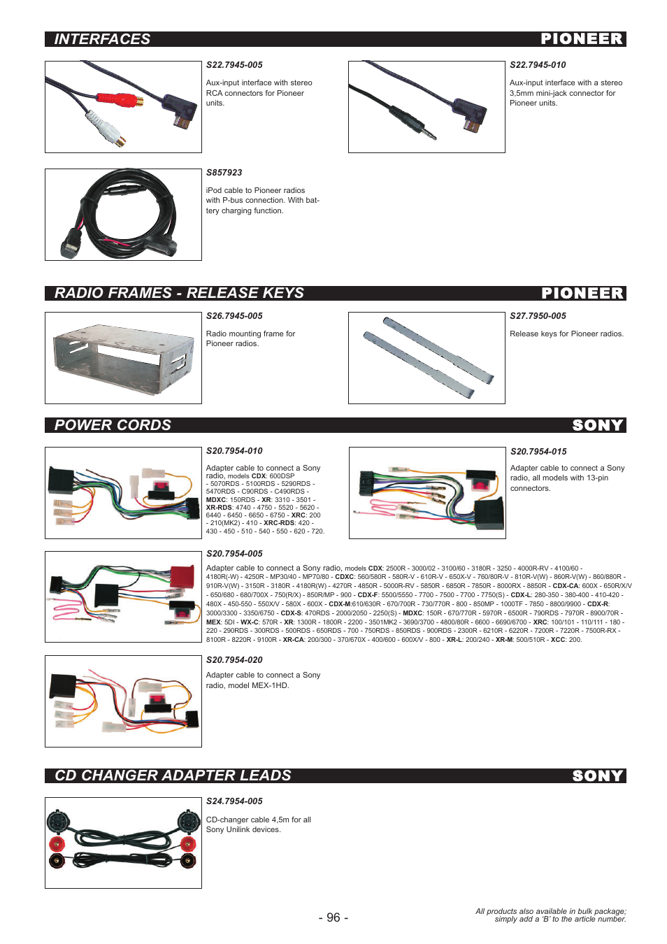 Radio frames - release keys pioneer, Interfaces pioneer, Cd changer adapter leads sony | Power cords sony | Pioneer S20.7945-010 User Manual | Page 3 / 3