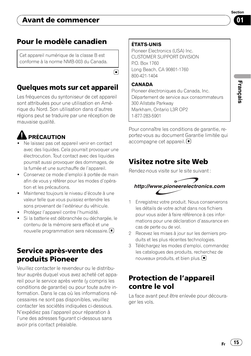 Avant de commencer, Pour le modèle canadien, Quelques mots sur cet appareil | Service après-vente des produits pioneer, Visitez notre site web, Protection de l, Appareil contre le vol 15, Protection de l ’appareil contre le vol | Pioneer DEH-9 User Manual | Page 15 / 39