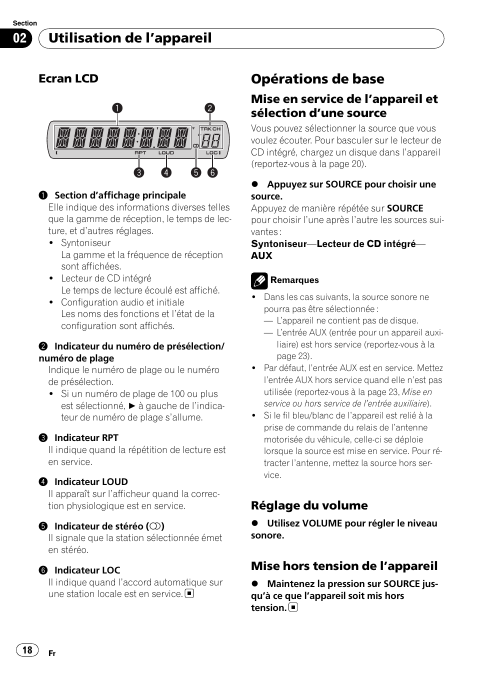 Ecran lcd 18, Opérations de base, Mise en service de l’appareil et | Sélection d, Une source 18, Réglage du volume 18, Mise hors tension de l’appareil 18, Utilisation de l ’appareil | Pioneer DEH-9 User Manual | Page 18 / 39