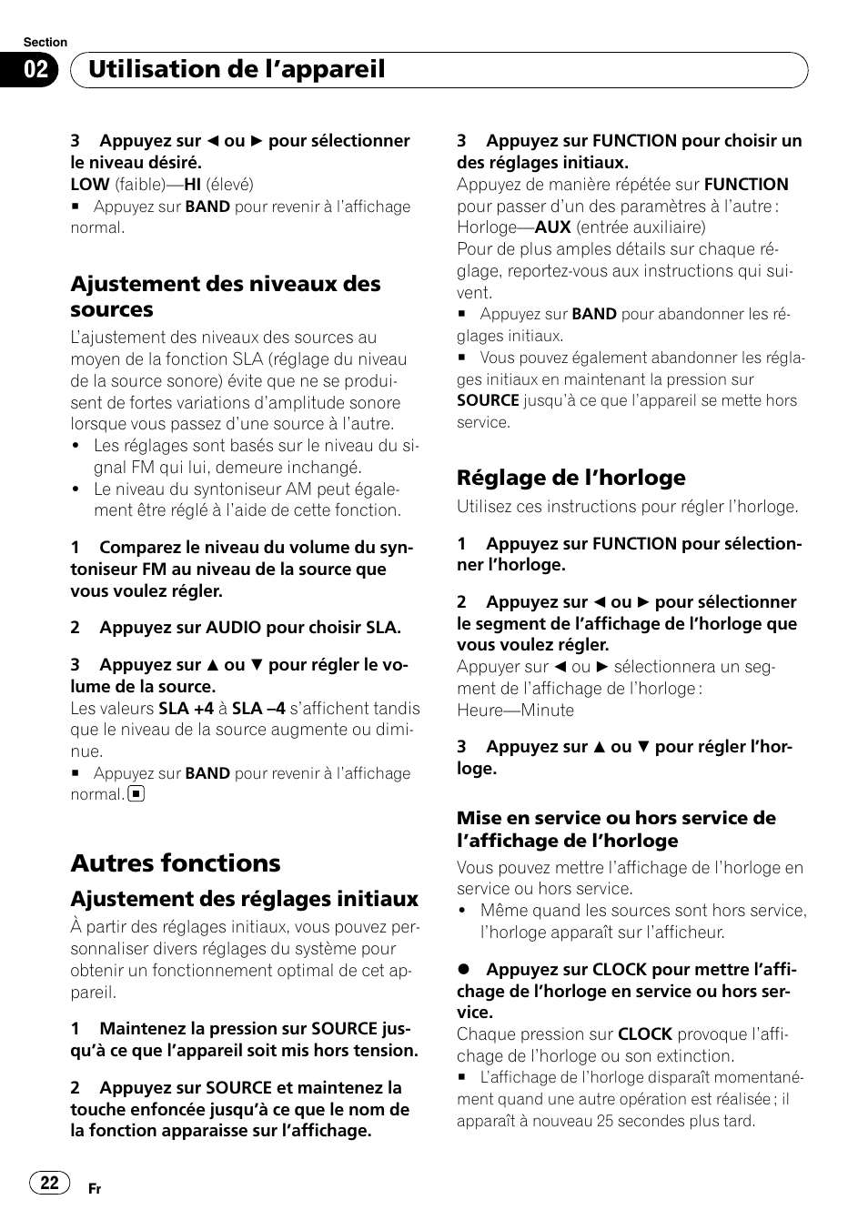 Ajustement des niveaux des, Sources, Autres fonctions | Ajustement des réglages initiaux 22, Réglage de l’horloge 22, Utilisation de l ’appareil, Ajustement des niveaux des sources, Ajustement des réglages initiaux, Réglage de l ’horloge | Pioneer DEH-9 User Manual | Page 22 / 39