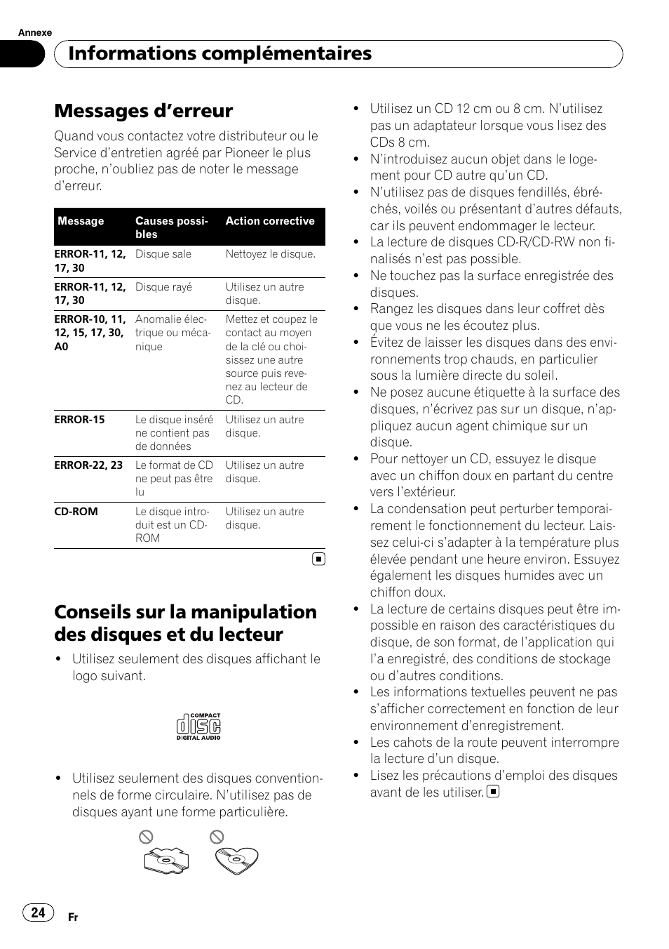 Informations complémentaires messages d, Erreur 24, Conseils sur la manipulation des disques et | Du lecteur, Ges d, Erreur, Messages d ’erreur, Informations complémentaires | Pioneer DEH-9 User Manual | Page 24 / 39