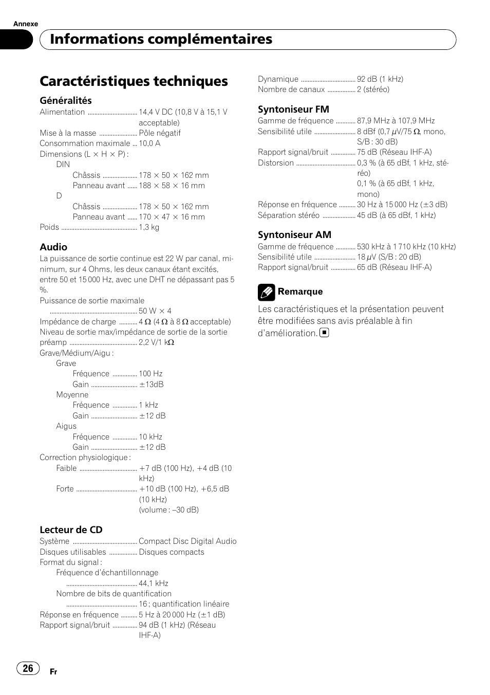 Caractéristiques techniques, Informations complémentaires | Pioneer DEH-9 User Manual | Page 26 / 39