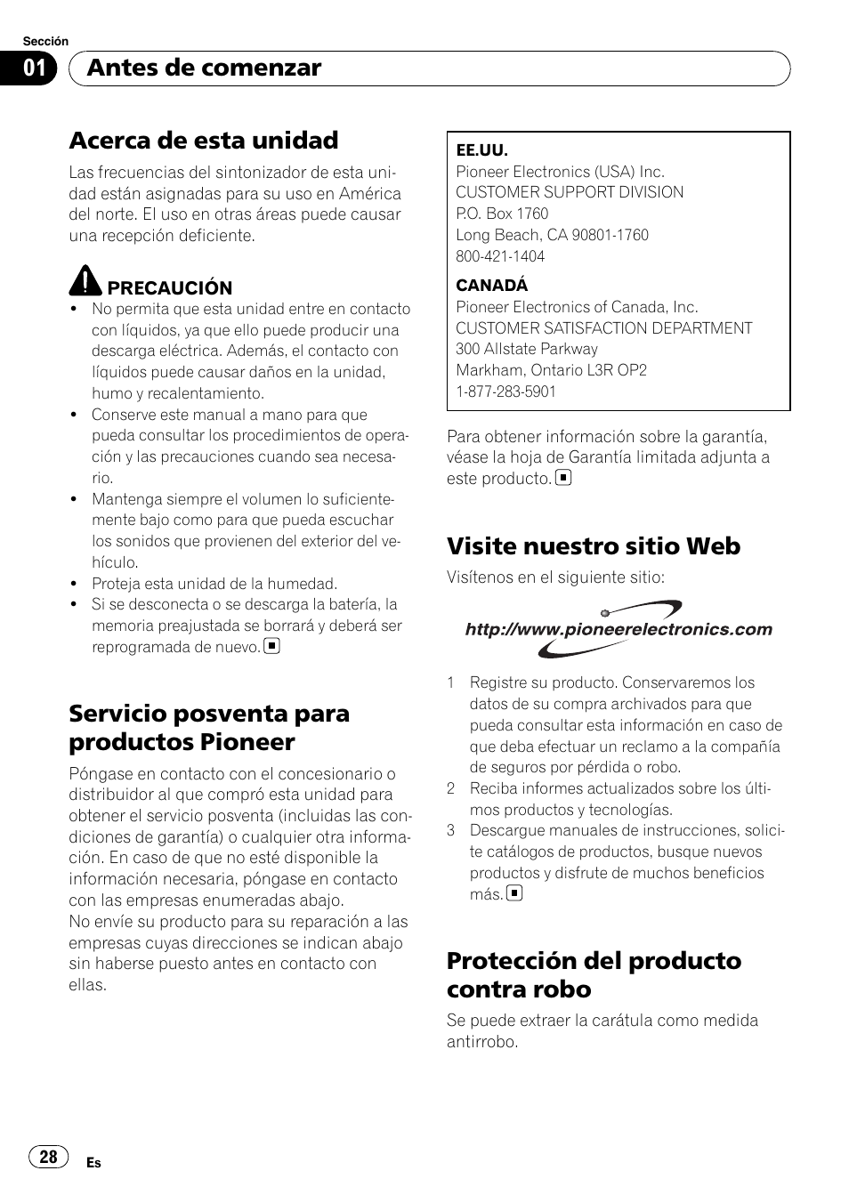 Antes de comenzar, Acerca de esta unidad, Servicio posventa para productos | Pioneer, Visite nuestro sitio web, Protección del producto contra robo, Servicio posventa para productos pioneer | Pioneer DEH-9 User Manual | Page 28 / 39