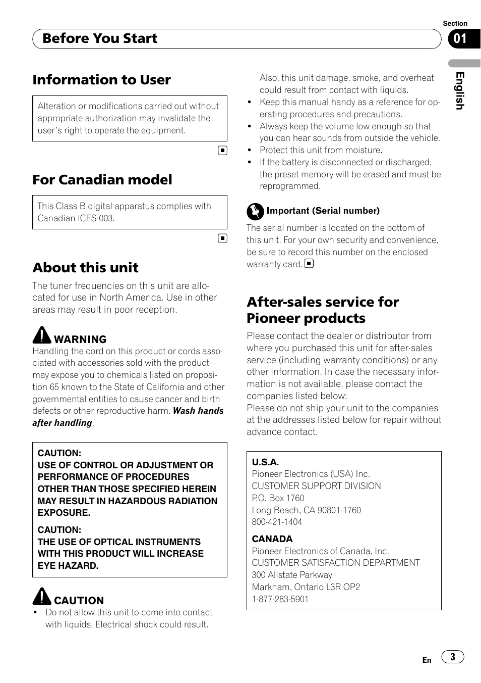 Before you start, Information to user, For canadian model | About this unit, After-sales service for pioneer products | Pioneer DEH-9 User Manual | Page 3 / 39