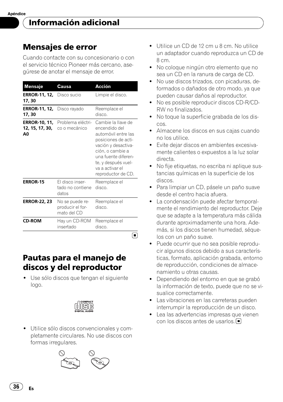 Información adicional mensajes de error, Pautas para el manejo de discos y del, Reproductor | Mensajes de error, Pautas para el manejo de discos y del reproductor, Información adicional | Pioneer DEH-9 User Manual | Page 36 / 39