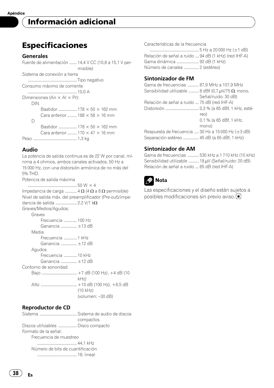 Especificaciones, Información adicional | Pioneer DEH-9 User Manual | Page 38 / 39