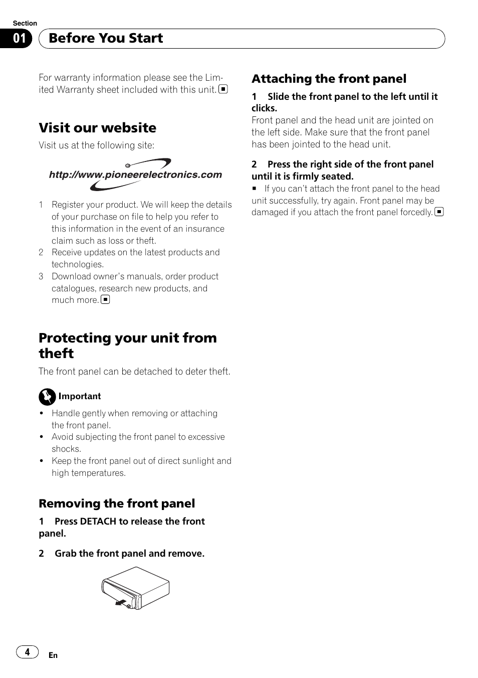 Visit our website, Protecting your unit from theft, Removing the front panel 4 | Attaching the front panel 4, Before you start, Removing the front panel, Attaching the front panel | Pioneer DEH-9 User Manual | Page 4 / 39